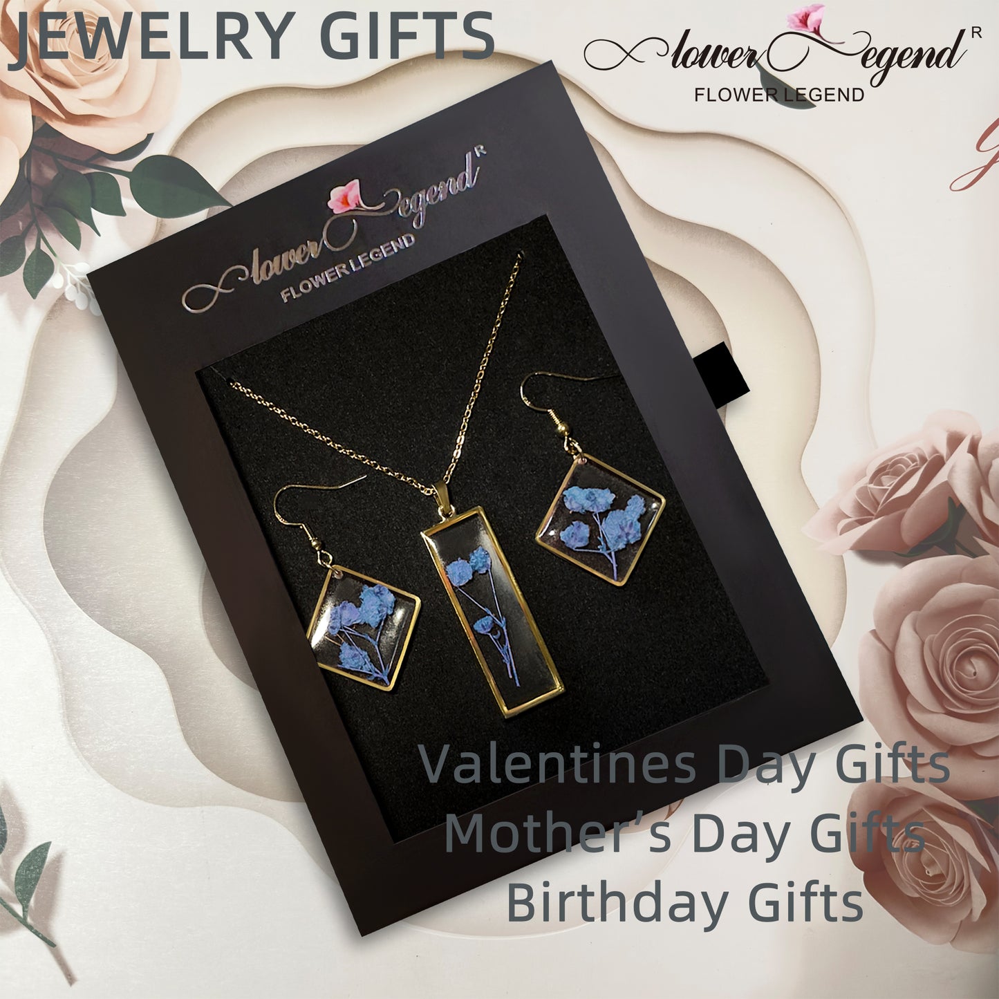 2 in1 Handmade Sterling Silver Pressed Flower Jewelry Gift Sets Forget-Me-Not Square | Blue