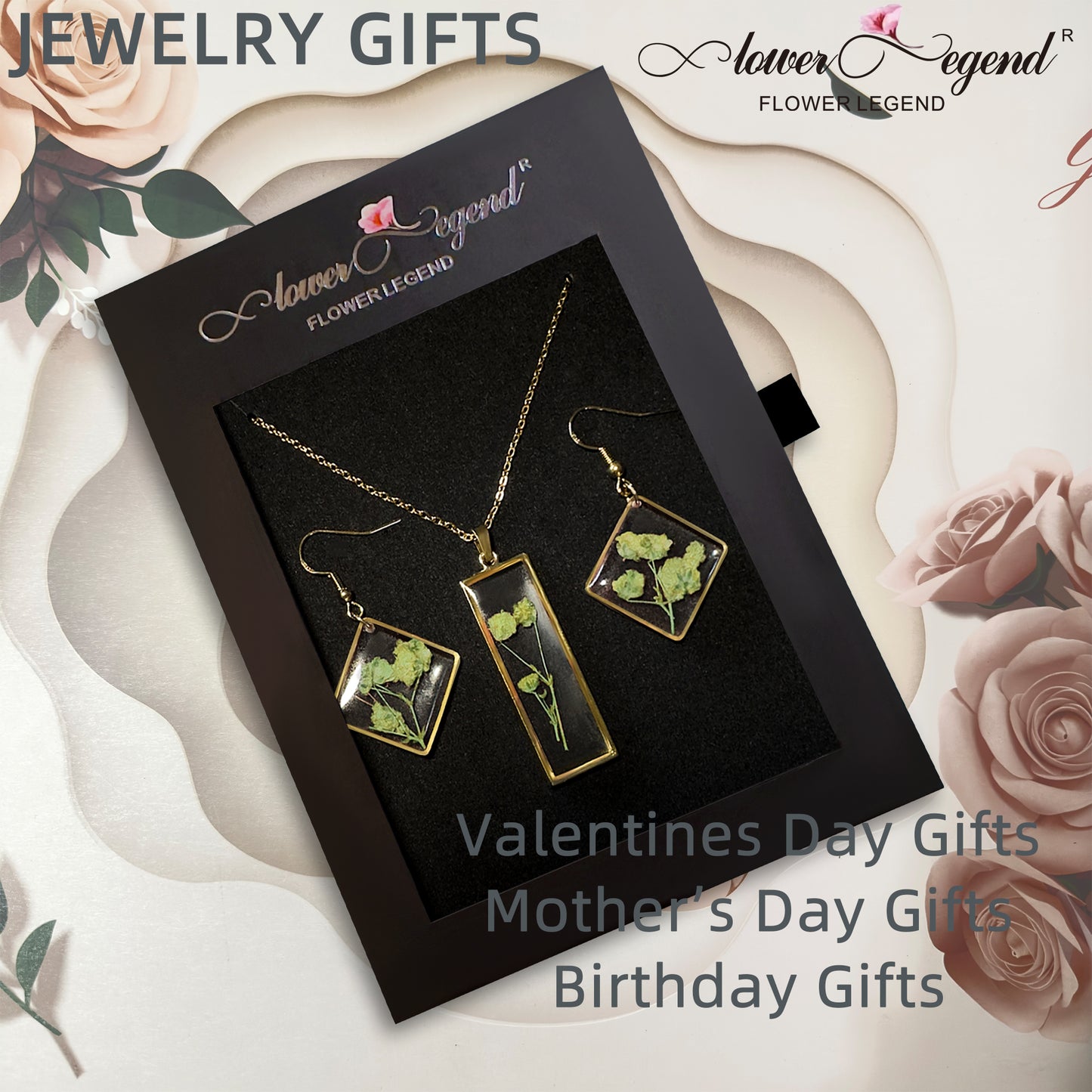 2 in1 Handmade Sterling Silver Pressed Flower Jewelry Gift Sets Forget-Me-Not Square | Green