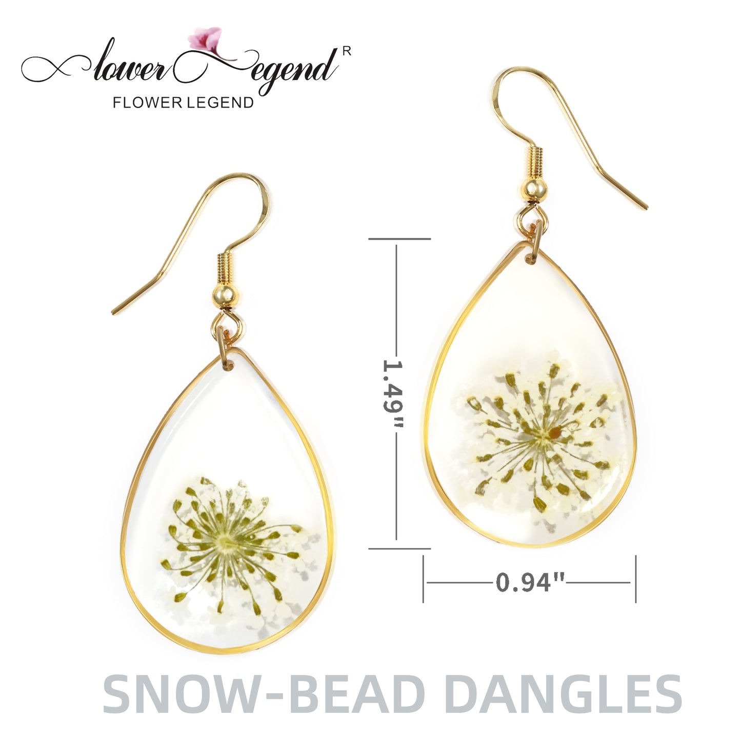 Handmade Sterling Silver Pressed Flower Jewelry Dangles Snow-Bead-Flower | Droplet