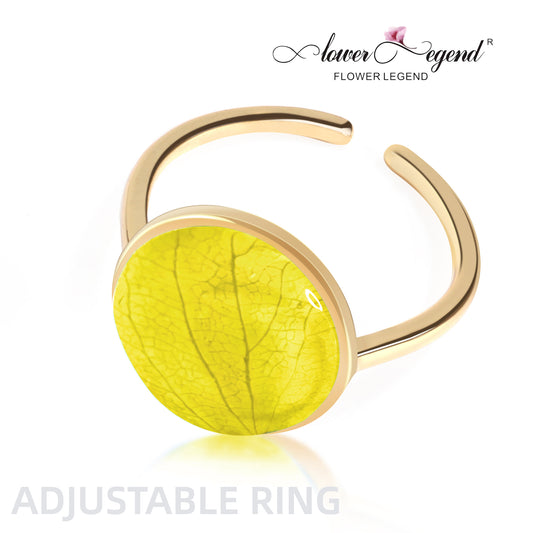 Handmade Sterling Silver Pressed Flower Jewelry Adjustable Ring | Yellow