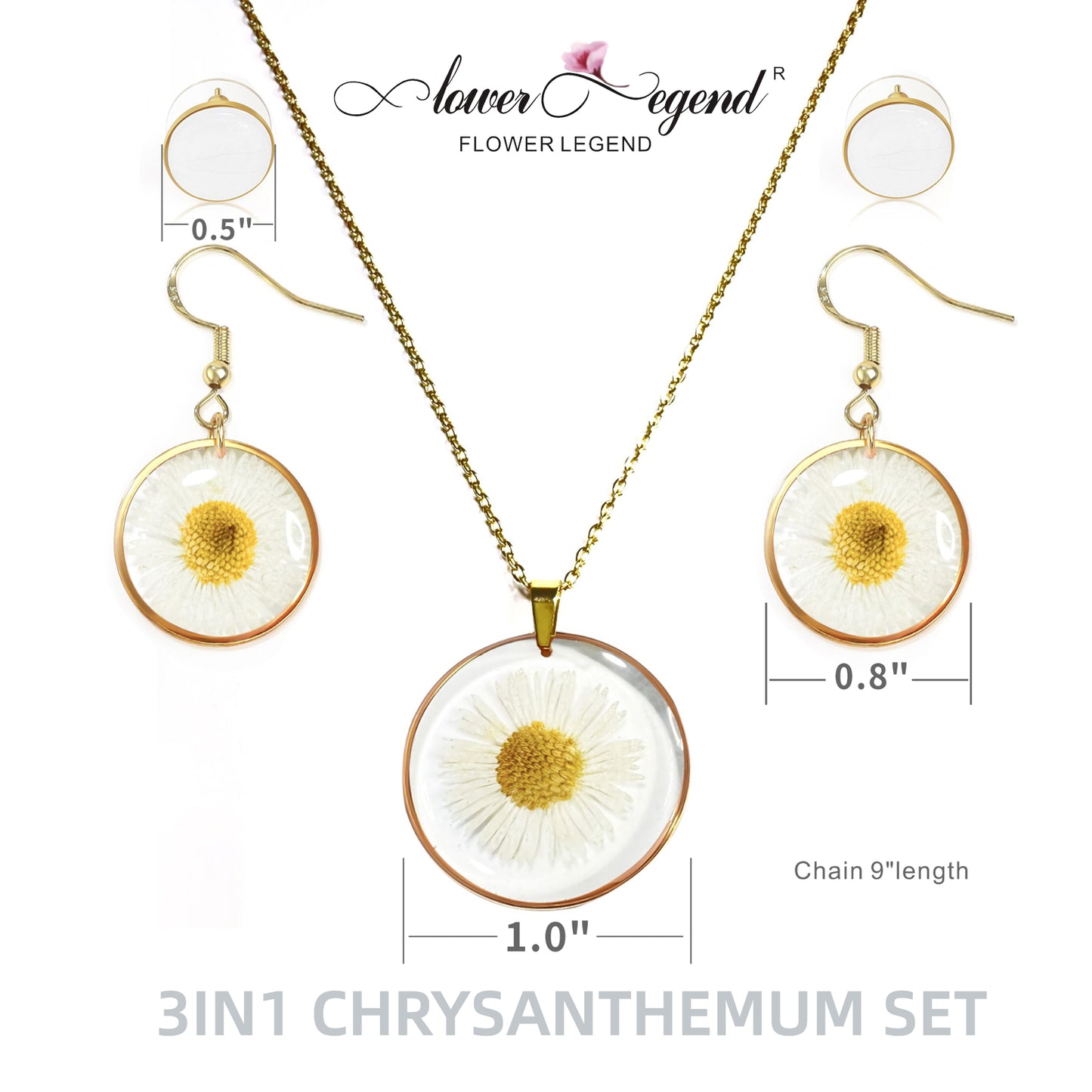 3 in1 Handmade Sterling Silver Pressed Flower Jewelry Gift Sets Chrysanthemum | White