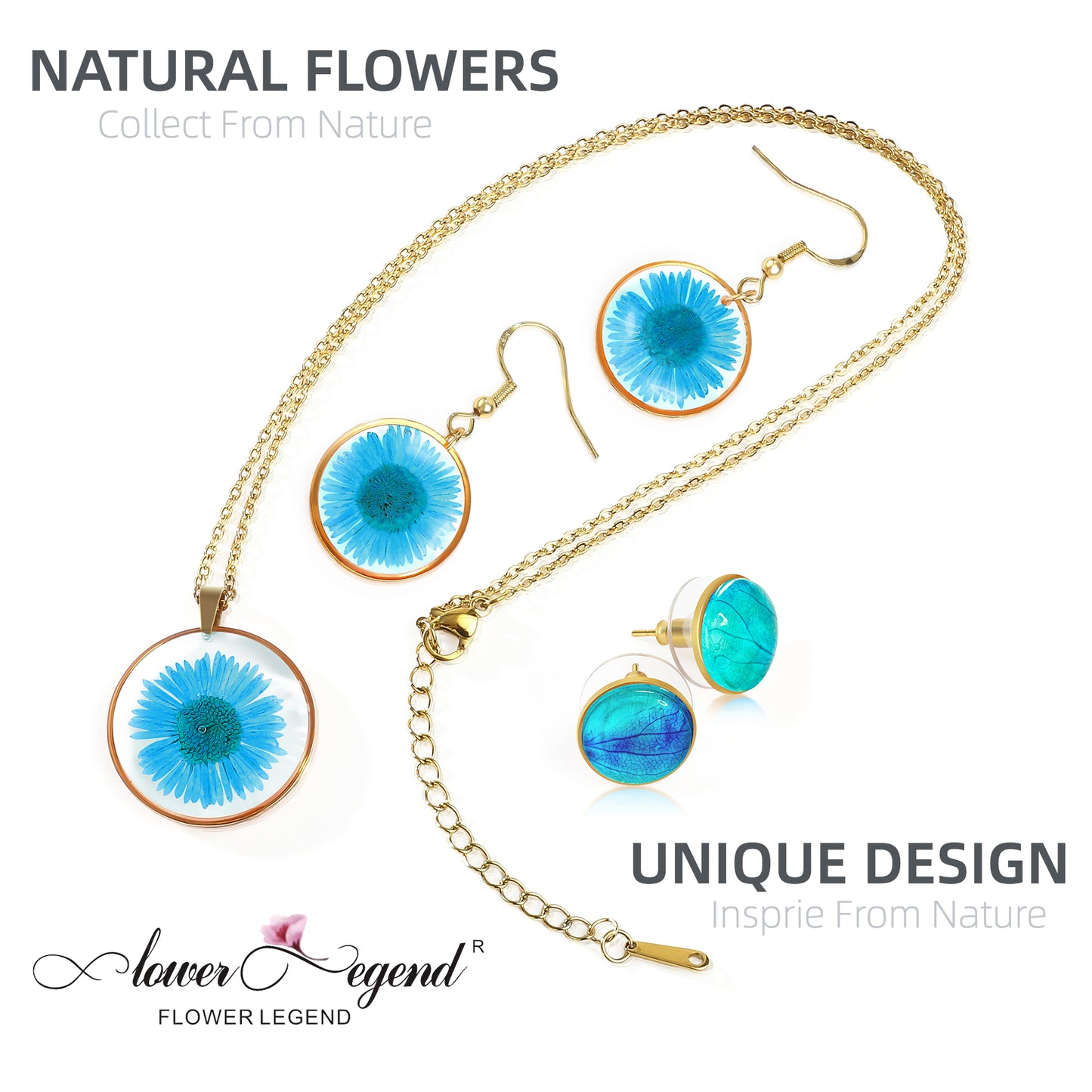 3 in1 Handmade Sterling Silver Pressed Flower Jewelry Gift Sets Chrysanthemum | Blue