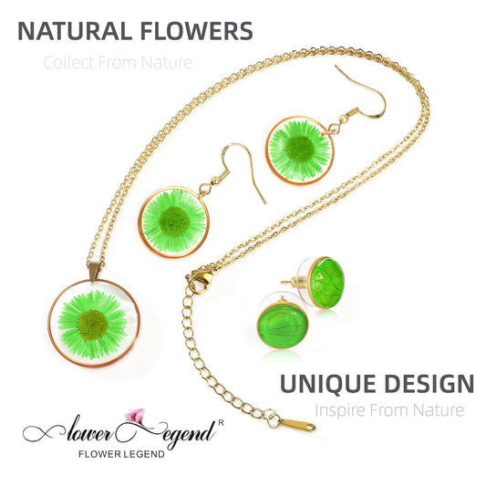 3 in1 Handmade Sterling Silver Pressed Flower Jewelry Gift Sets Chrysanthemum | Green