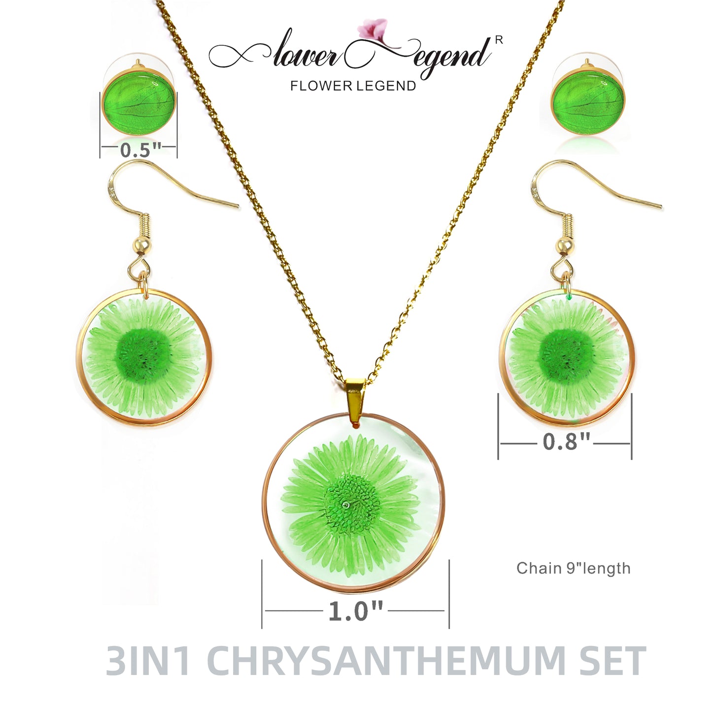 3 in1 Handmade Sterling Silver Pressed Flower Jewelry Gift Sets Chrysanthemum | Green