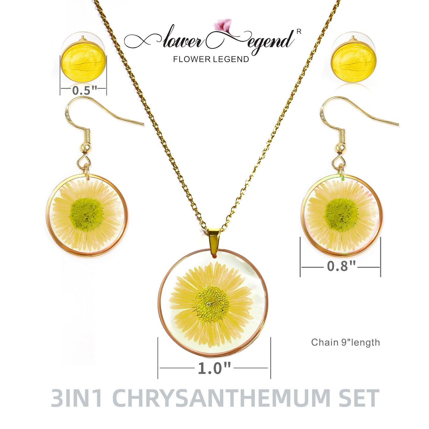 3 in1 Handmade Sterling Silver Pressed Flower Jewelry Gift Sets Chrysanthemum | Yellow