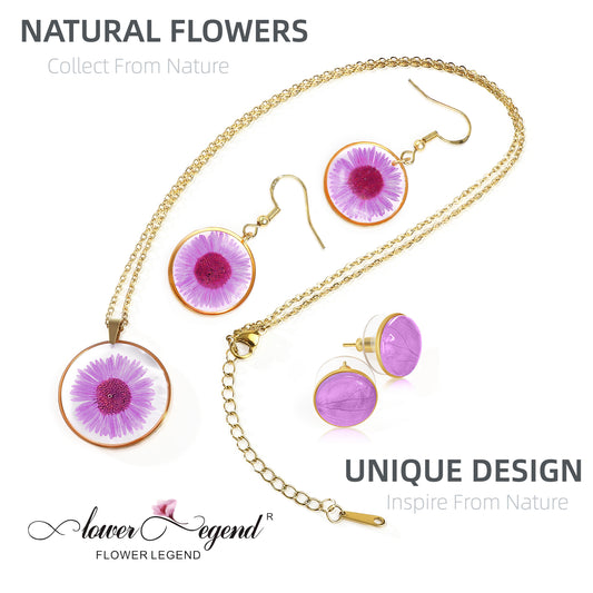 3 in1 Handmade Sterling Silver Pressed Flower Jewelry Gift Sets Chrysanthemum | Purple