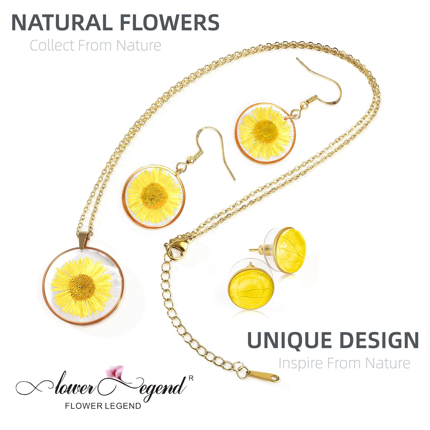 3 in1 Handmade Sterling Silver Pressed Flower Jewelry Gift Sets Chrysanthemum | Yellow