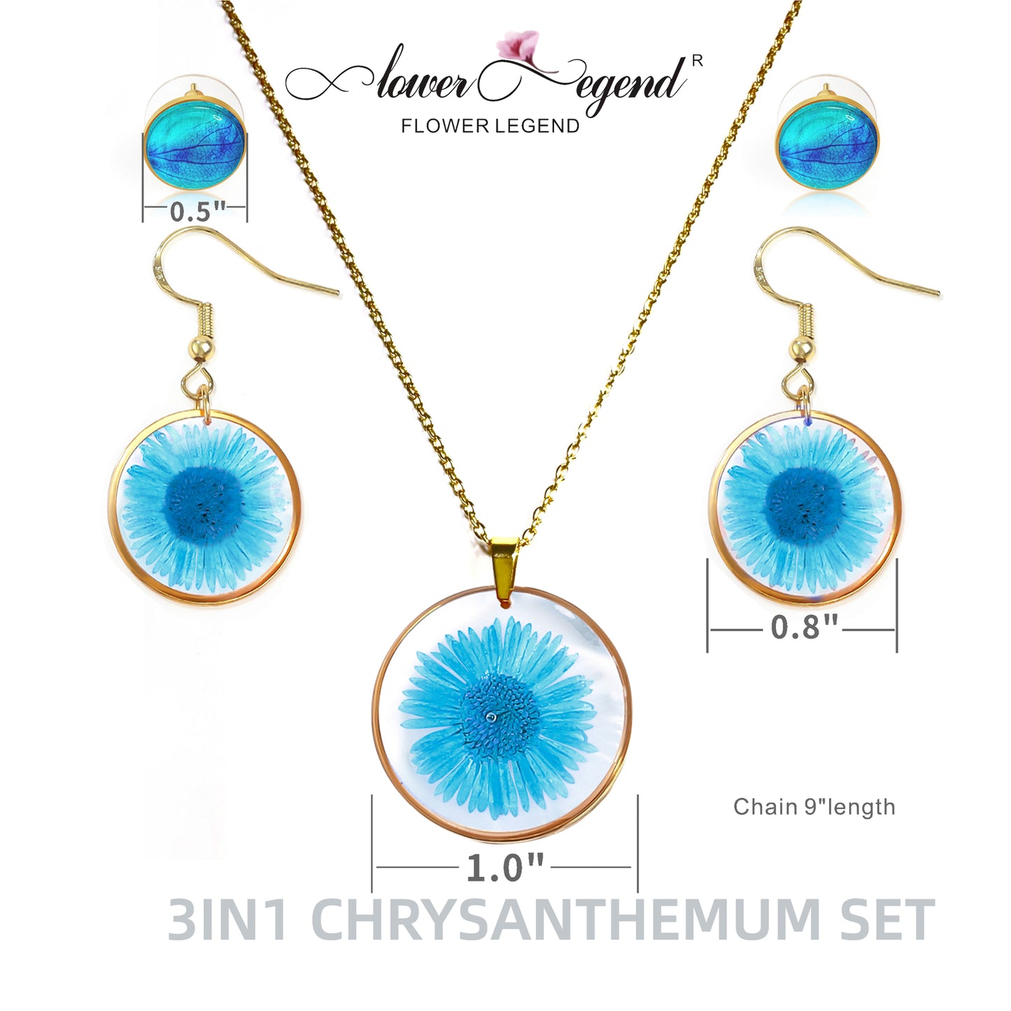 3 in1 Handmade Sterling Silver Pressed Flower Jewelry Gift Sets Chrysanthemum | Blue