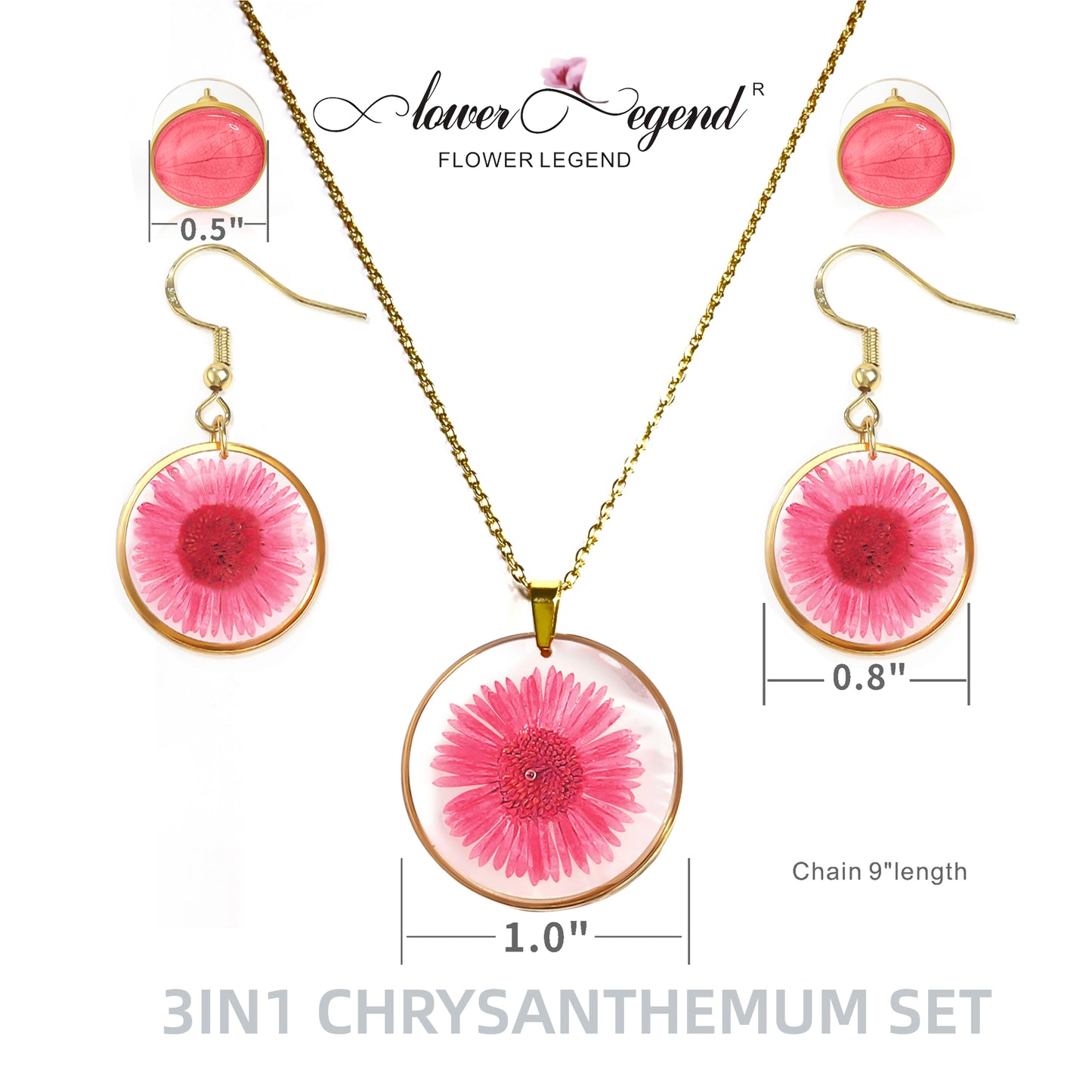 3 in1 Handmade Sterling Silver Pressed Flower Jewelry Gift Sets Chrysanthemum | Red