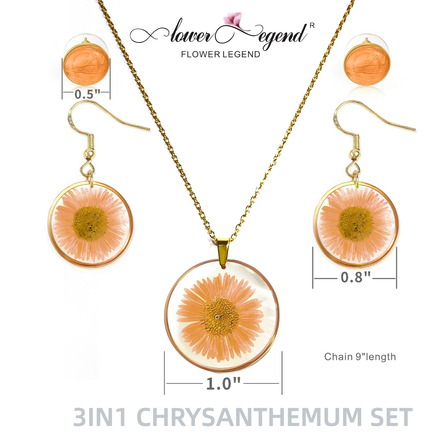 3 in1 Handmade Sterling Silver Pressed Flower Jewelry Gift Sets Chrysanthemum | Orange