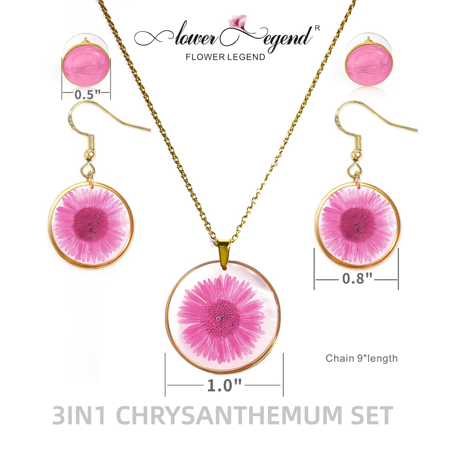 3 in1 Handmade Sterling Silver Pressed Flower Jewelry Gift Sets Chrysanthemum | Pink