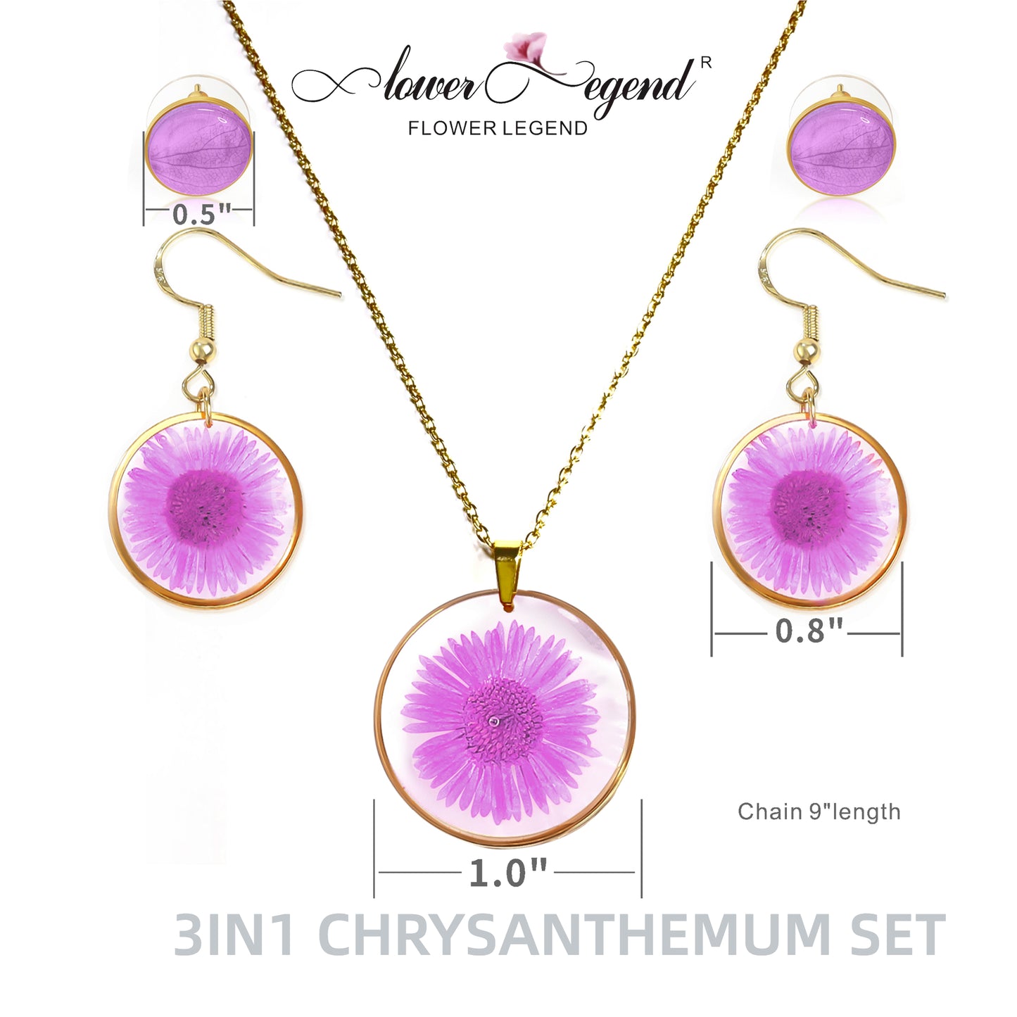 3 in1 Handmade Sterling Silver Pressed Flower Jewelry Gift Sets Chrysanthemum | Purple