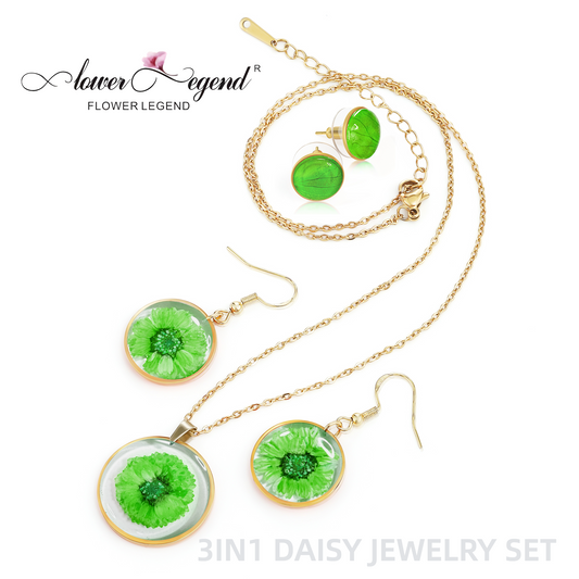 3 in1 Handmade Sterling Silver Pressed Flower Jewelry Gift Sets Daisy | Green