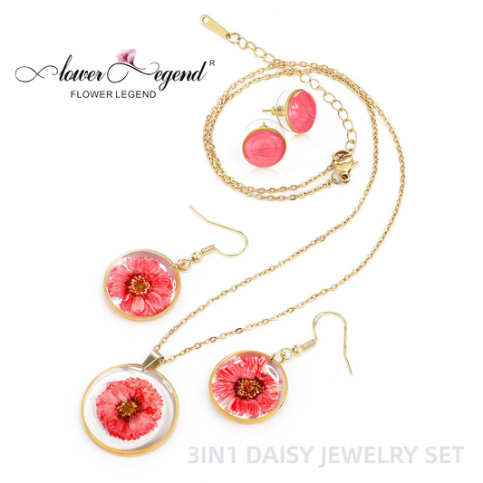 3 in1 Handmade Sterling Silver Pressed Flower Jewelry Gift Sets Daisy | Red