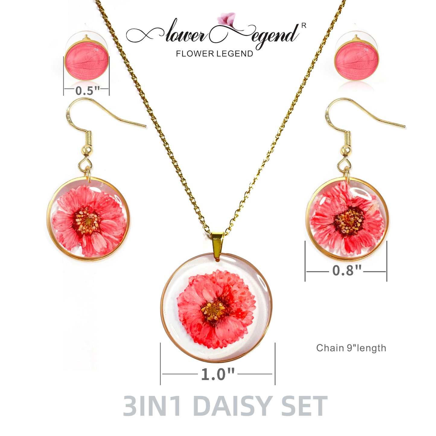 3 in1 Handmade Sterling Silver Pressed Flower Jewelry Gift Sets Daisy | Red