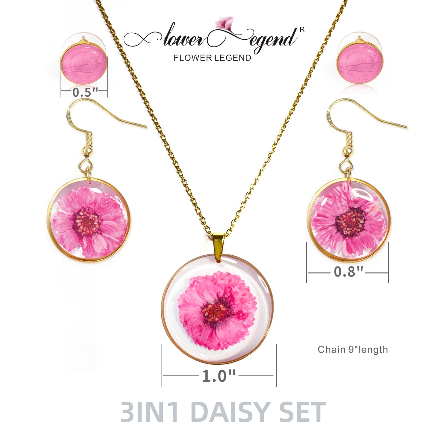 3 in1 Handmade Sterling Silver Pressed Flower Jewelry Gift Sets Daisy | Pink