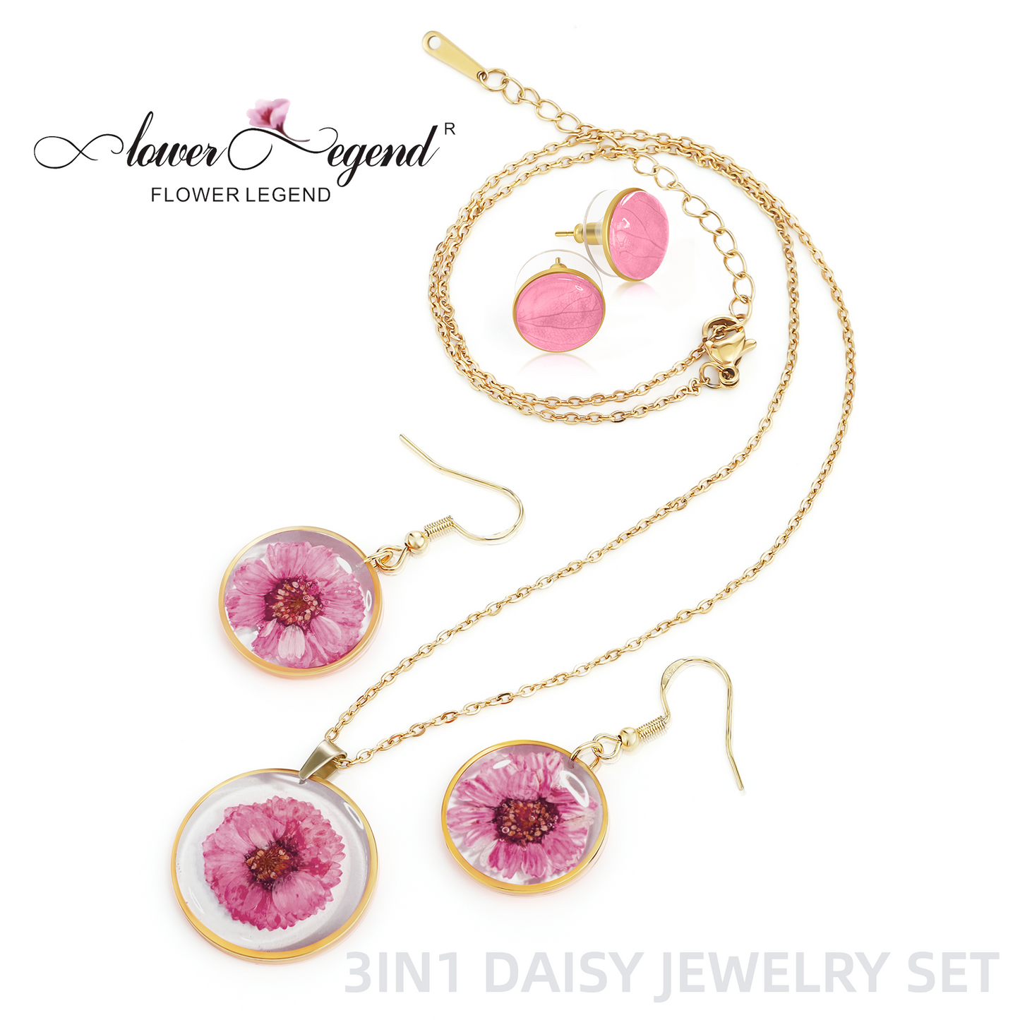 3 in1 Handmade Sterling Silver Pressed Flower Jewelry Gift Sets Daisy | Pink