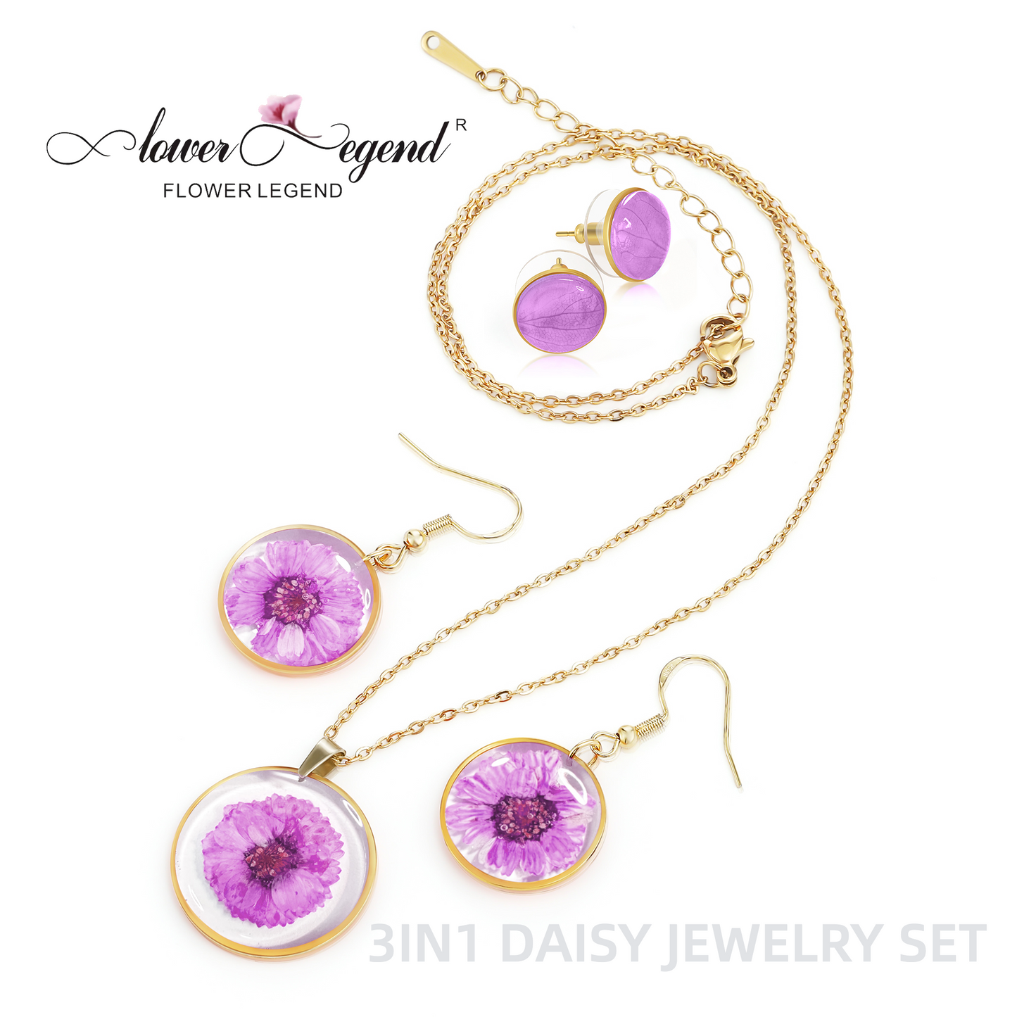 3 in1 Handmade Sterling Silver Pressed Flower Jewelry Gift Sets Daisy | Purple