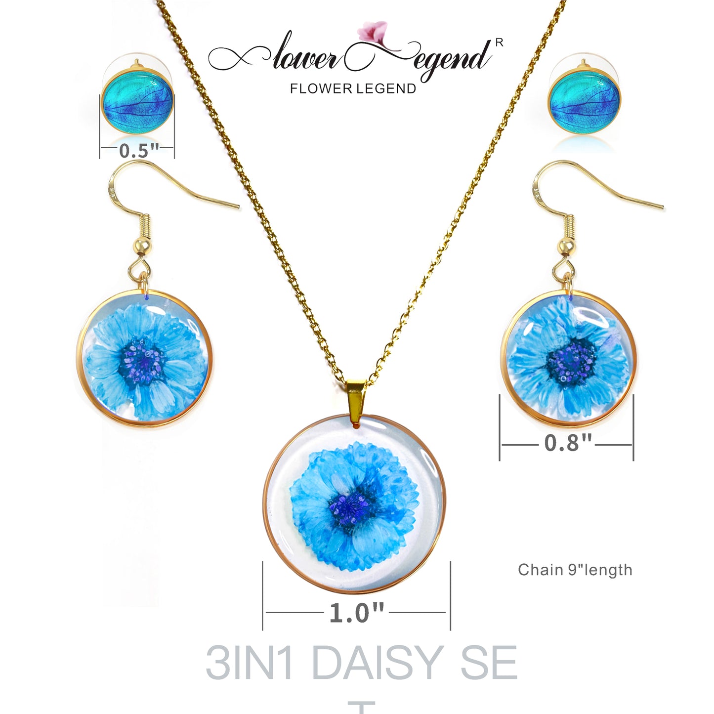 3 in1 Handmade Sterling Silver Pressed Flower Jewelry Gift Sets Daisy | Blue