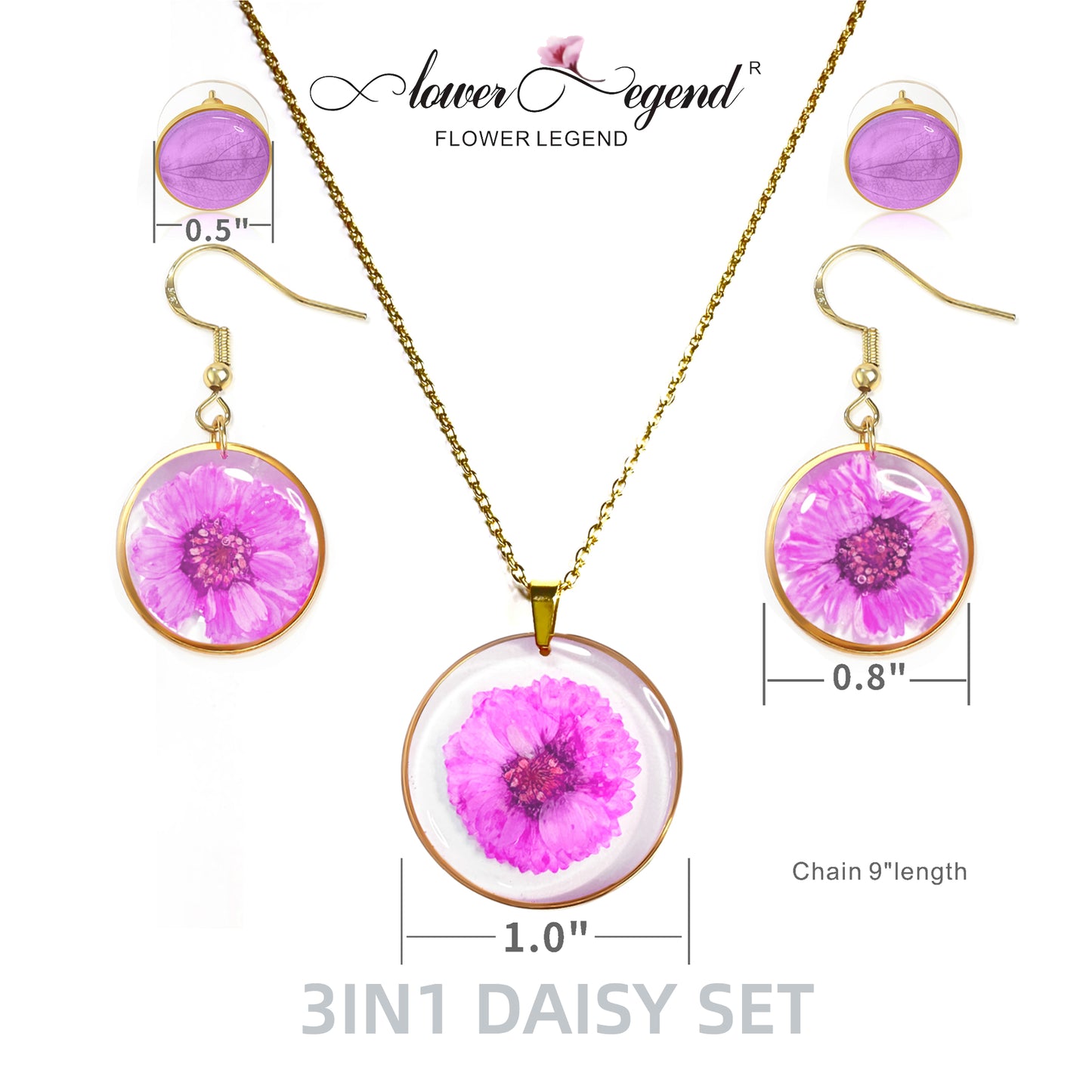 3 in1 Handmade Sterling Silver Pressed Flower Jewelry Gift Sets Daisy | Purple