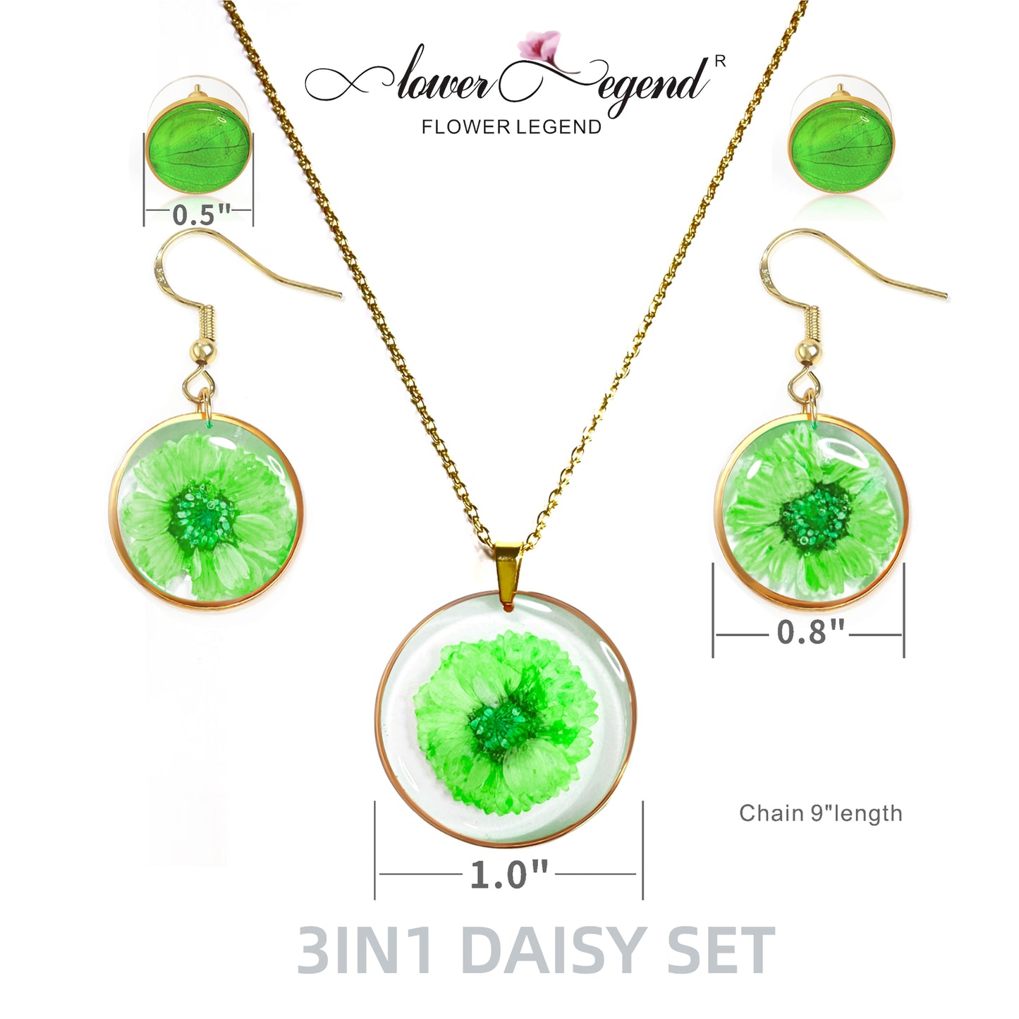 3 in1 Handmade Sterling Silver Pressed Flower Jewelry Gift Sets Daisy | Green