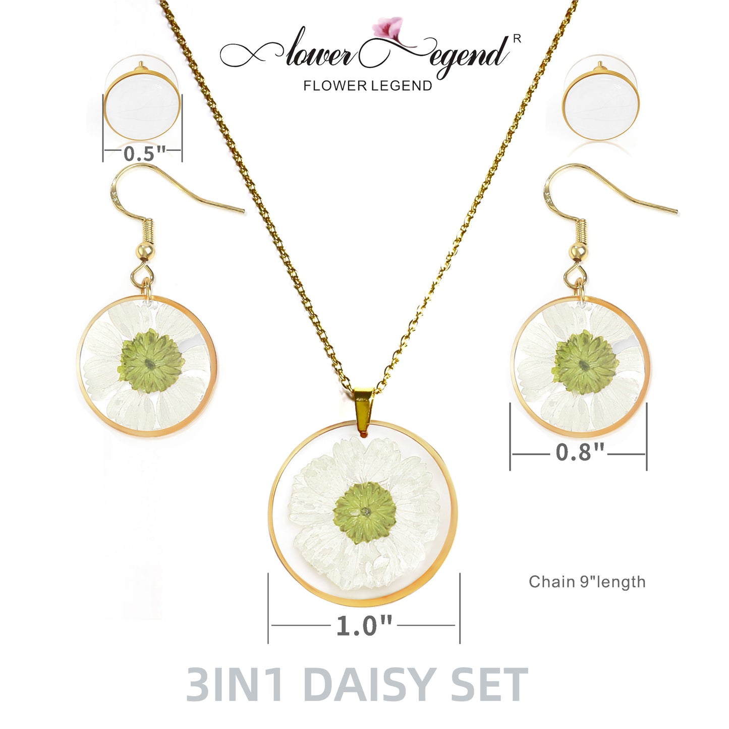 3 in1 Handmade Sterling Silver Pressed Flower Jewelry Gift Sets Daisy | White