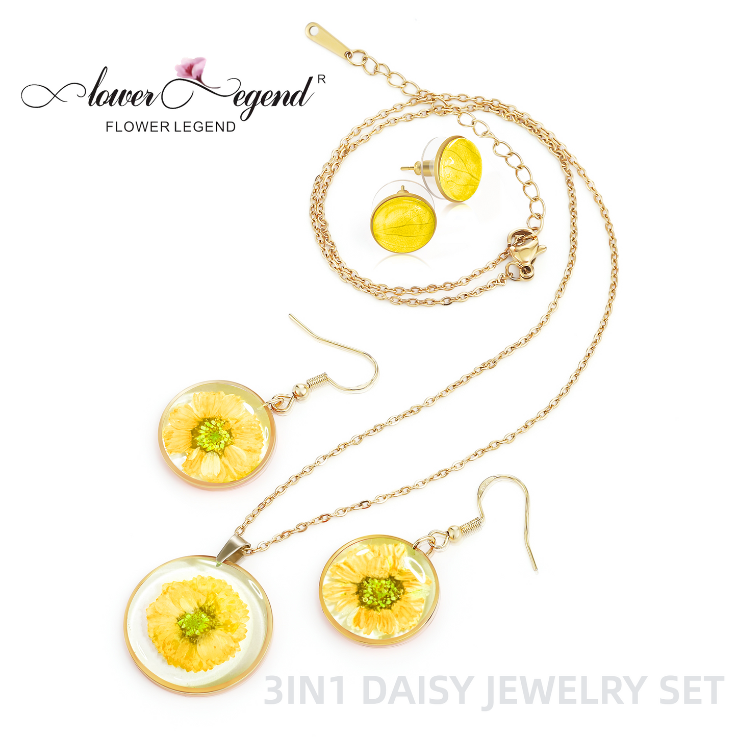 3 in1 Handmade Sterling Silver Pressed Flower Jewelry Gift Sets Daisy | Yellow