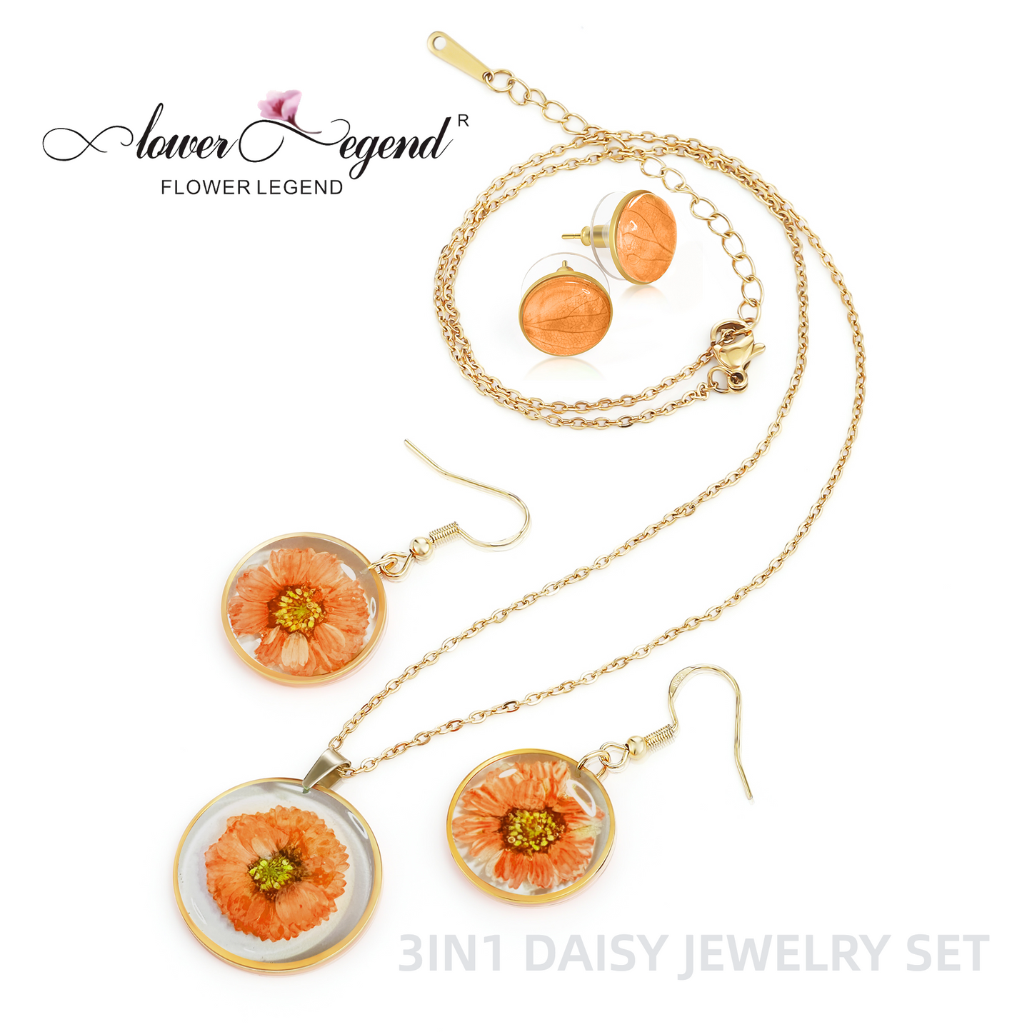 3 in1 Handmade Sterling Silver Pressed Flower Jewelry Gift Sets Daisy | Orange