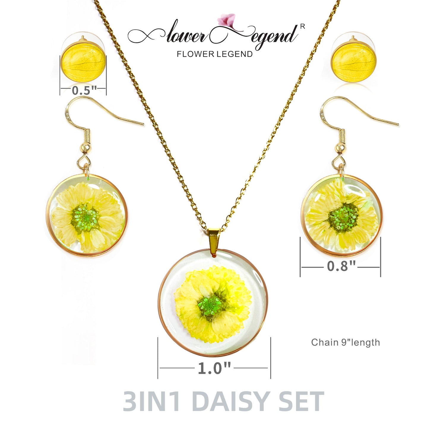 3 in1 Handmade Sterling Silver Pressed Flower Jewelry Gift Sets Daisy | Yellow