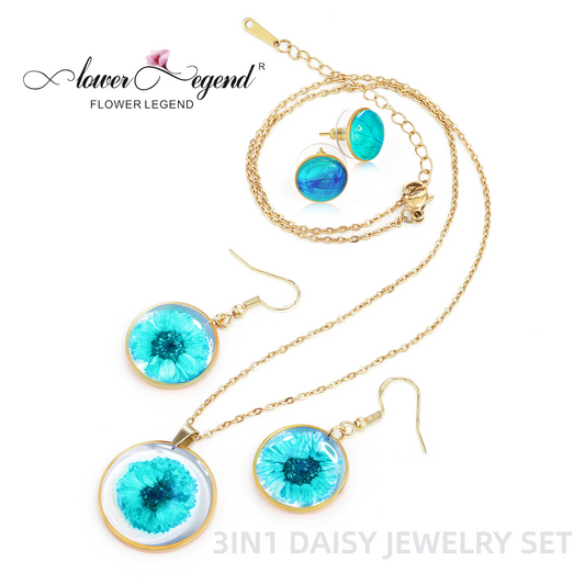 3 in1 Handmade Sterling Silver Pressed Flower Jewelry Gift Sets Daisy | Blue