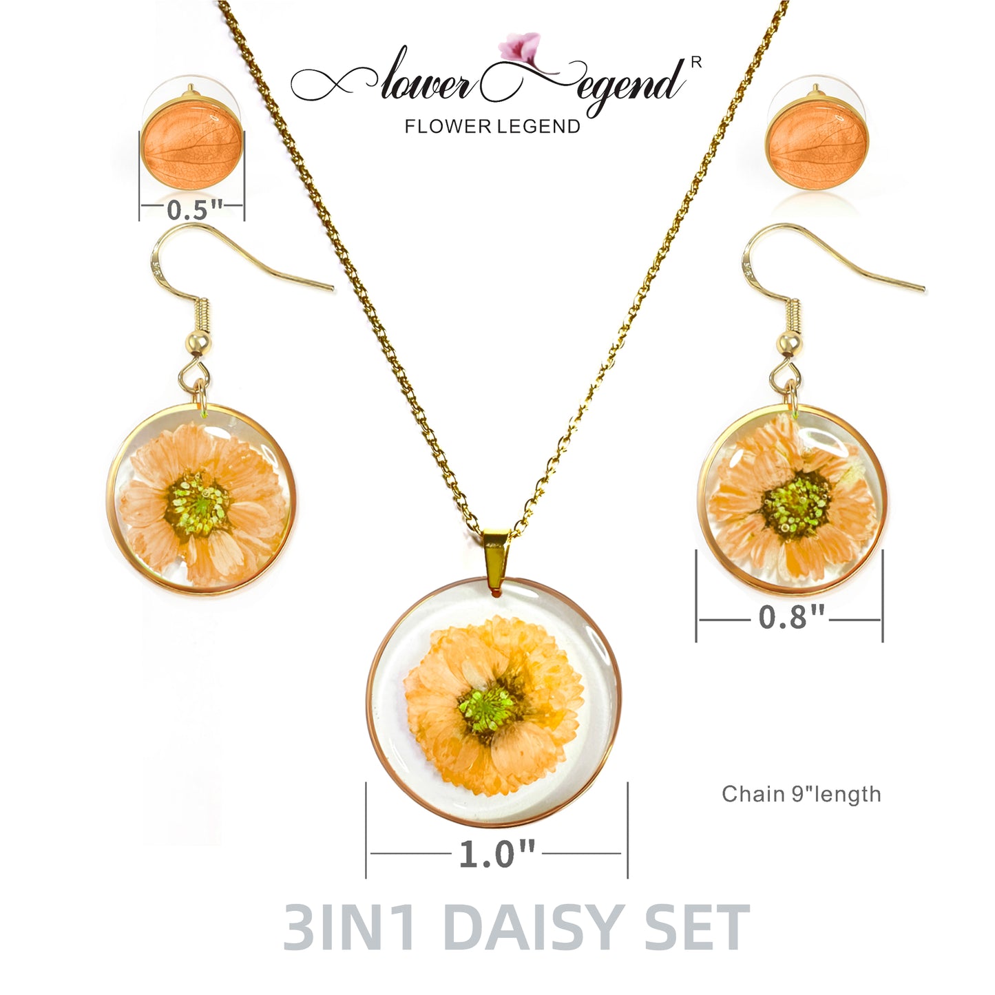 3 in1 Handmade Sterling Silver Pressed Flower Jewelry Gift Sets Daisy | Orange