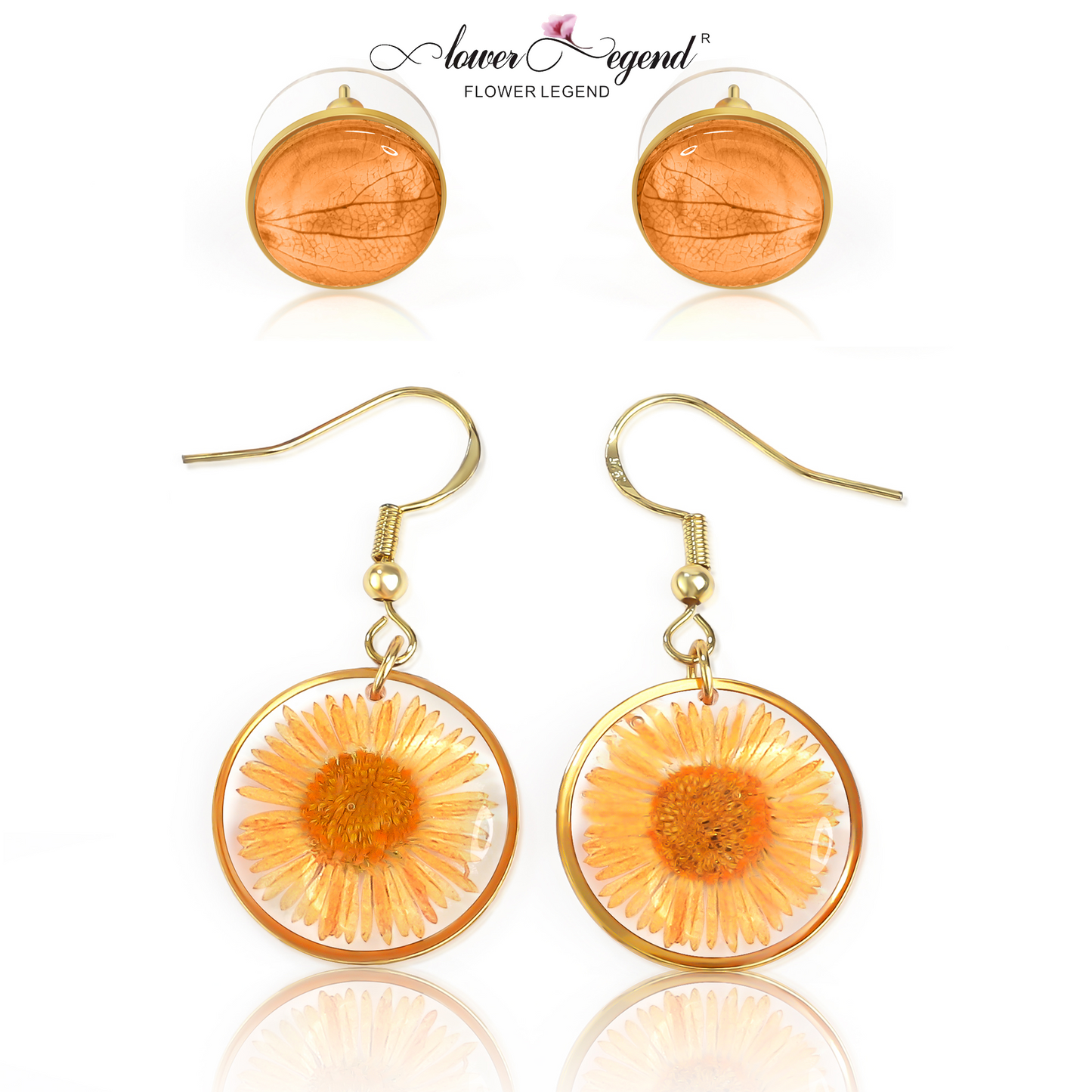 2 in1 Handmade Sterling Silver Pressed Flower Earring Sets Chrysanthemum Orange