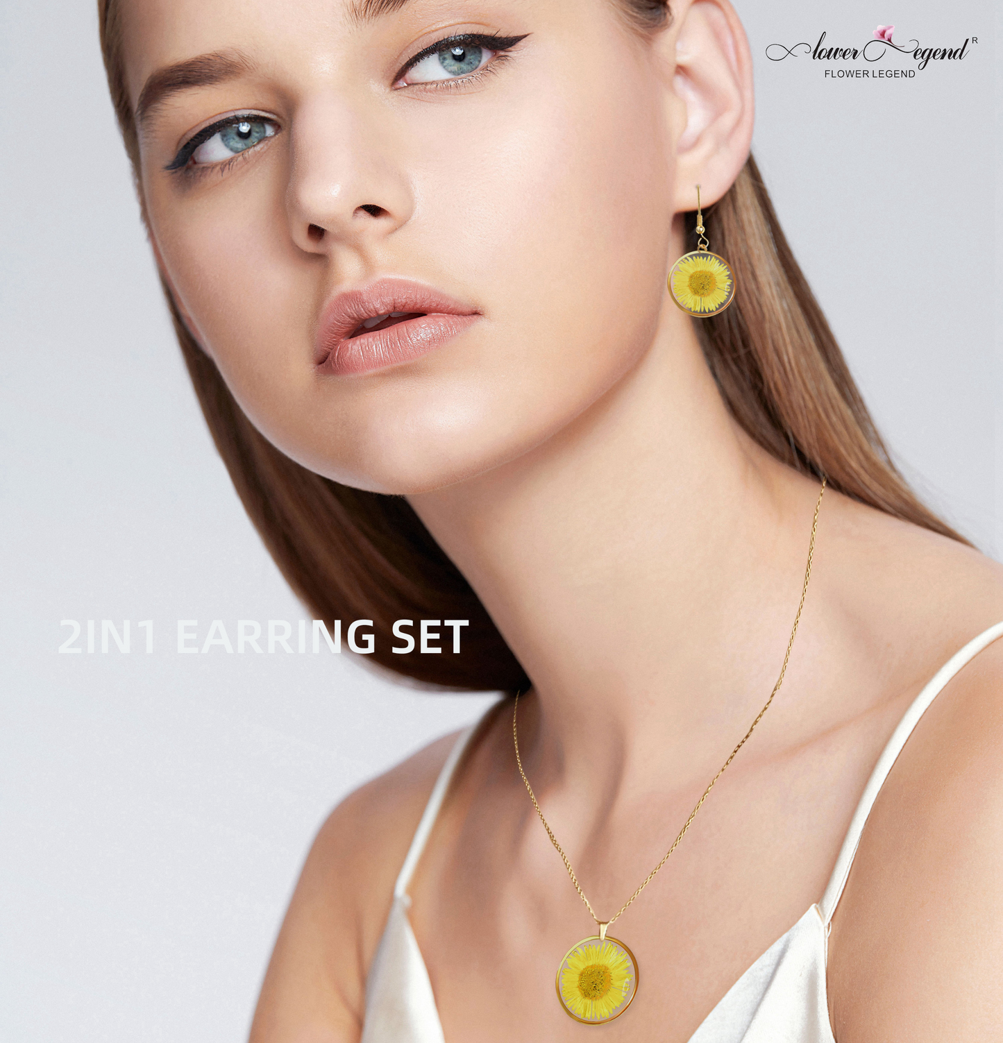 2 in1 Handmade Sterling Silver Pressed Flower Earring Sets Chrysanthemum Yellow