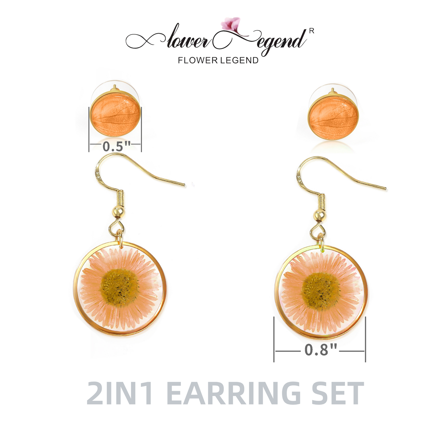 2 in1 Handmade Sterling Silver Pressed Flower Earring Sets Chrysanthemum Orange