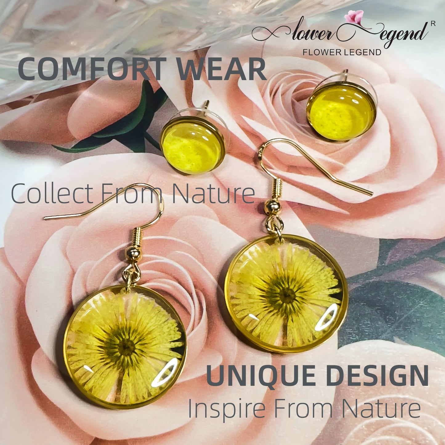 2 in1 Handmade Sterling Silver Pressed Flower Earring Sets Chrysanthemum Yellow