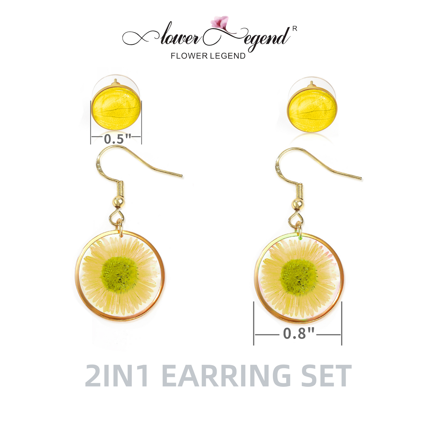 2 in1 Handmade Sterling Silver Pressed Flower Earring Sets Chrysanthemum Yellow