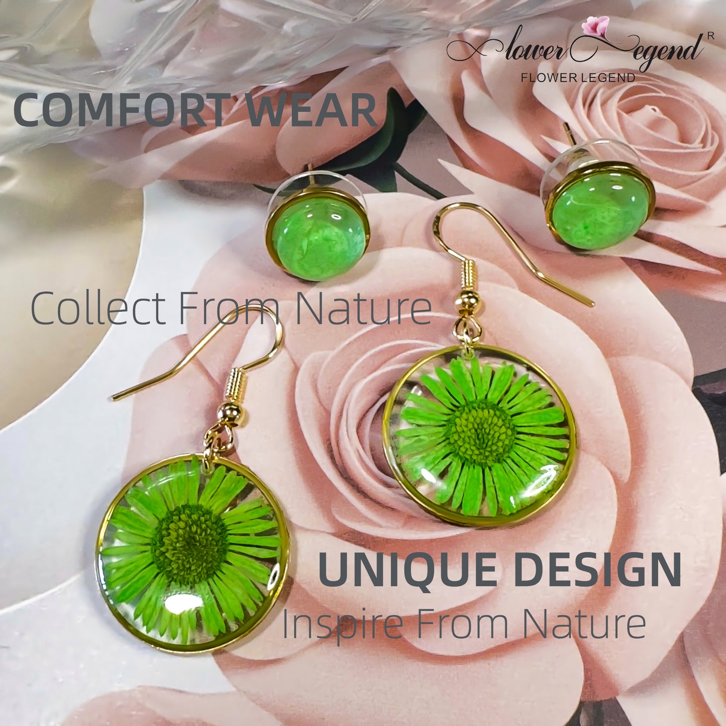 2 in1 Handmade Sterling Silver Pressed Flower Earring Sets Chrysanthemum Green