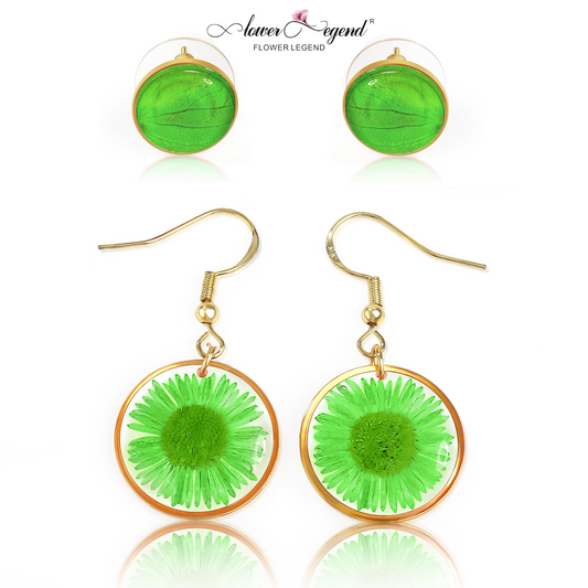 2 in1 Handmade Sterling Silver Pressed Flower Earring Sets Chrysanthemum Green