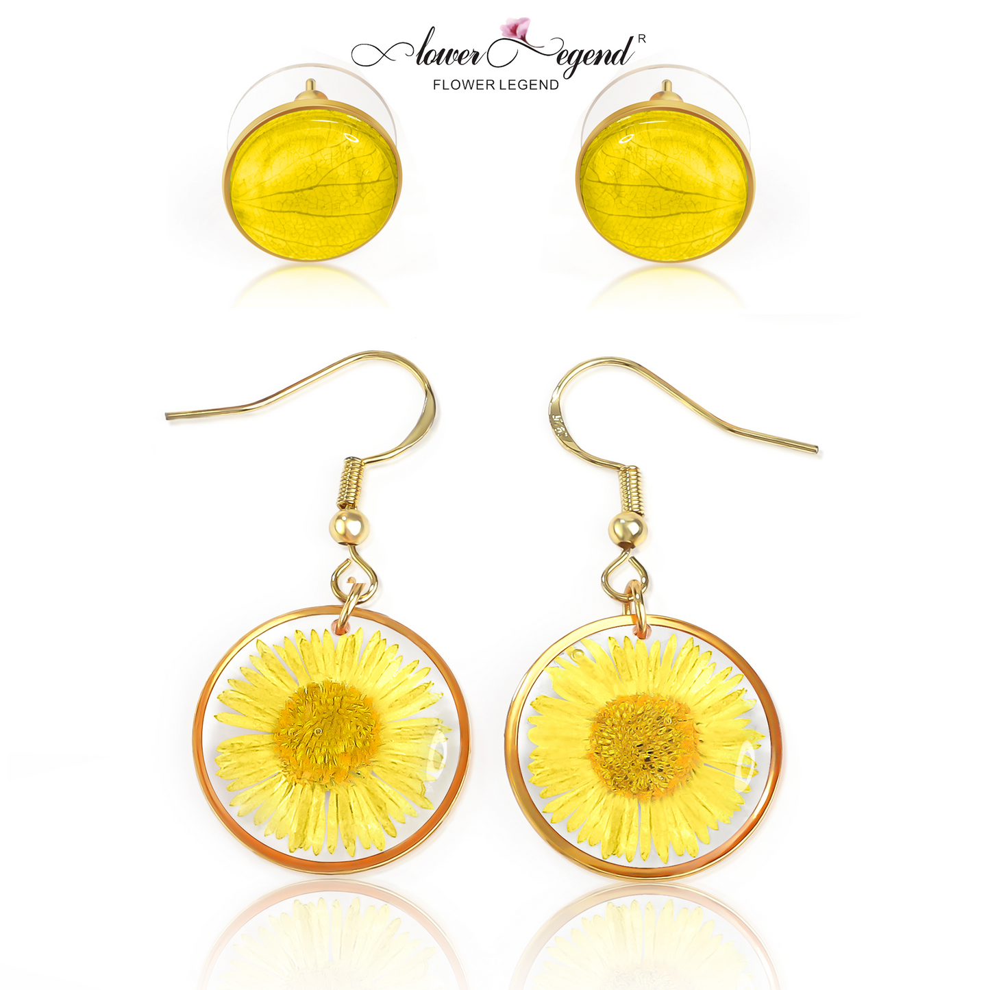 2 in1 Handmade Sterling Silver Pressed Flower Earring Sets Chrysanthemum Yellow