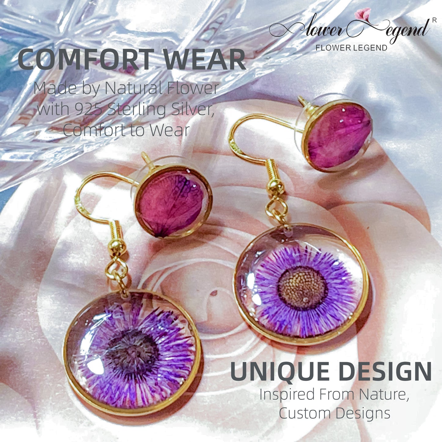 2 in1 Handmade Sterling Silver Pressed Flower Earring Sets Chrysanthemum Purple