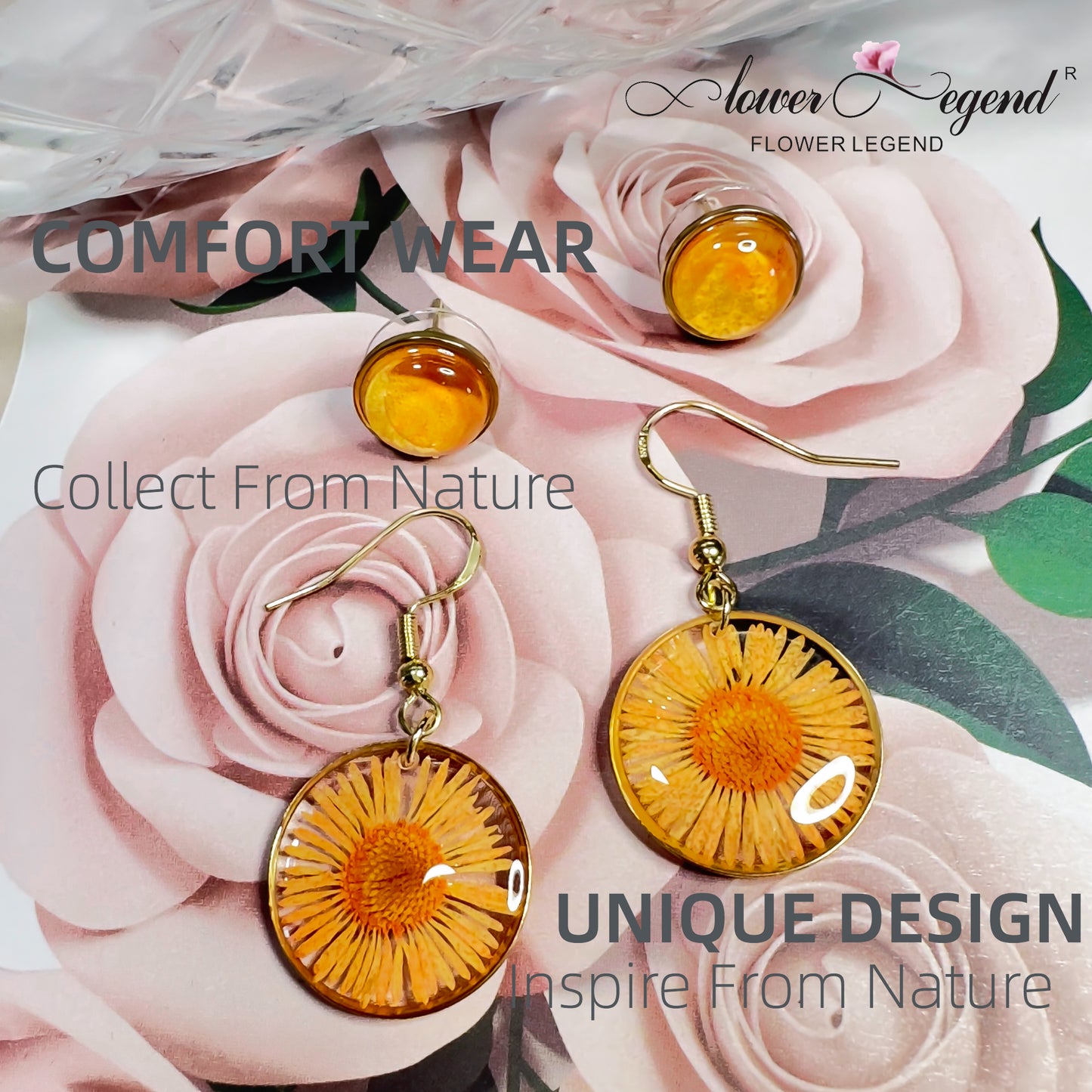 2 in1 Handmade Sterling Silver Pressed Flower Earring Sets Chrysanthemum Orange