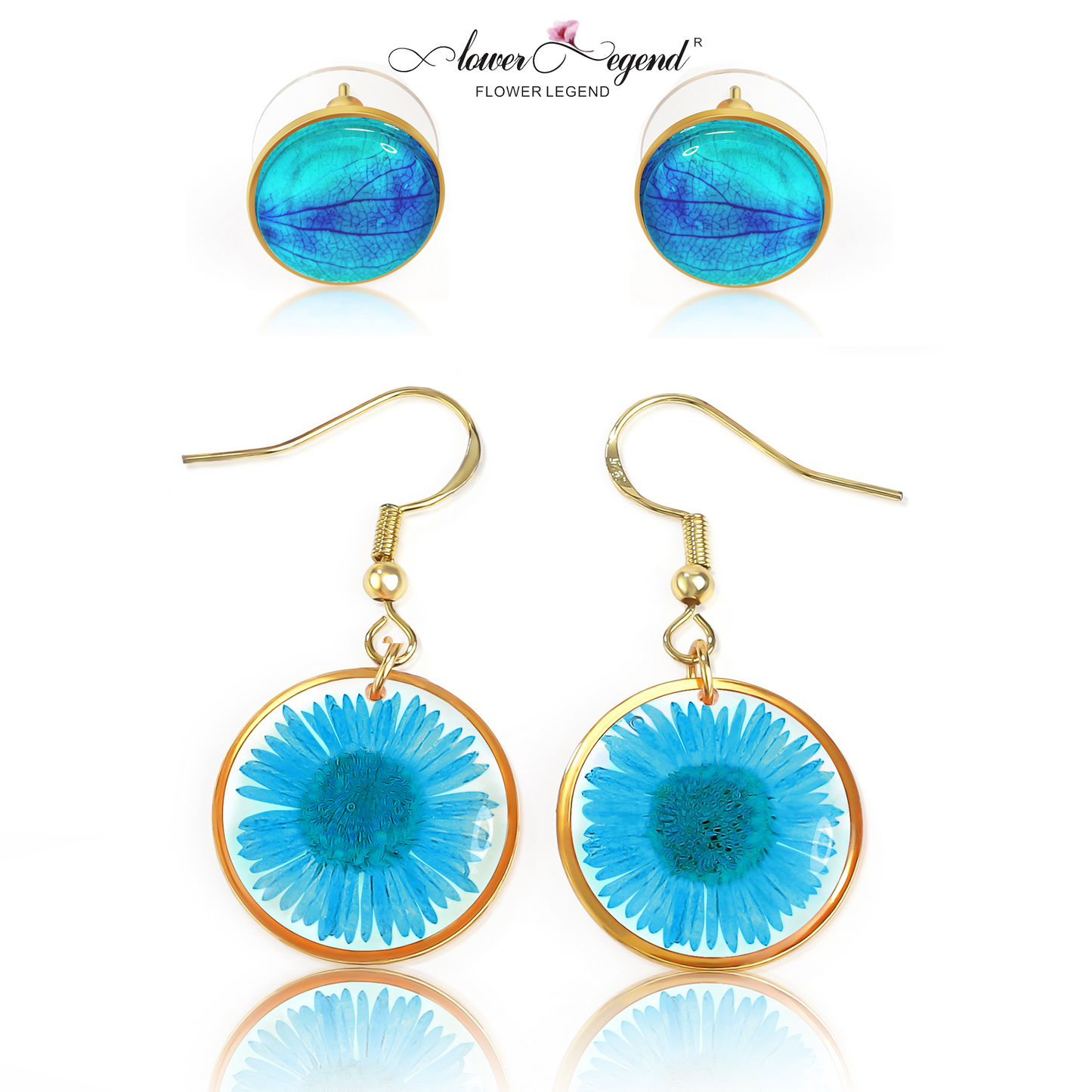 2 in1 Handmade Sterling Silver Pressed Flower Earring Sets Chrysanthemum Blue