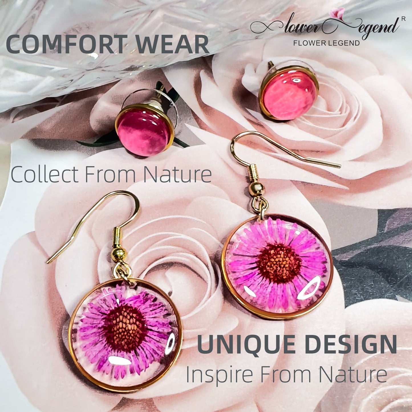 2 in1 Handmade Sterling Silver Pressed Flower Earring Sets Chrysanthemum Pink