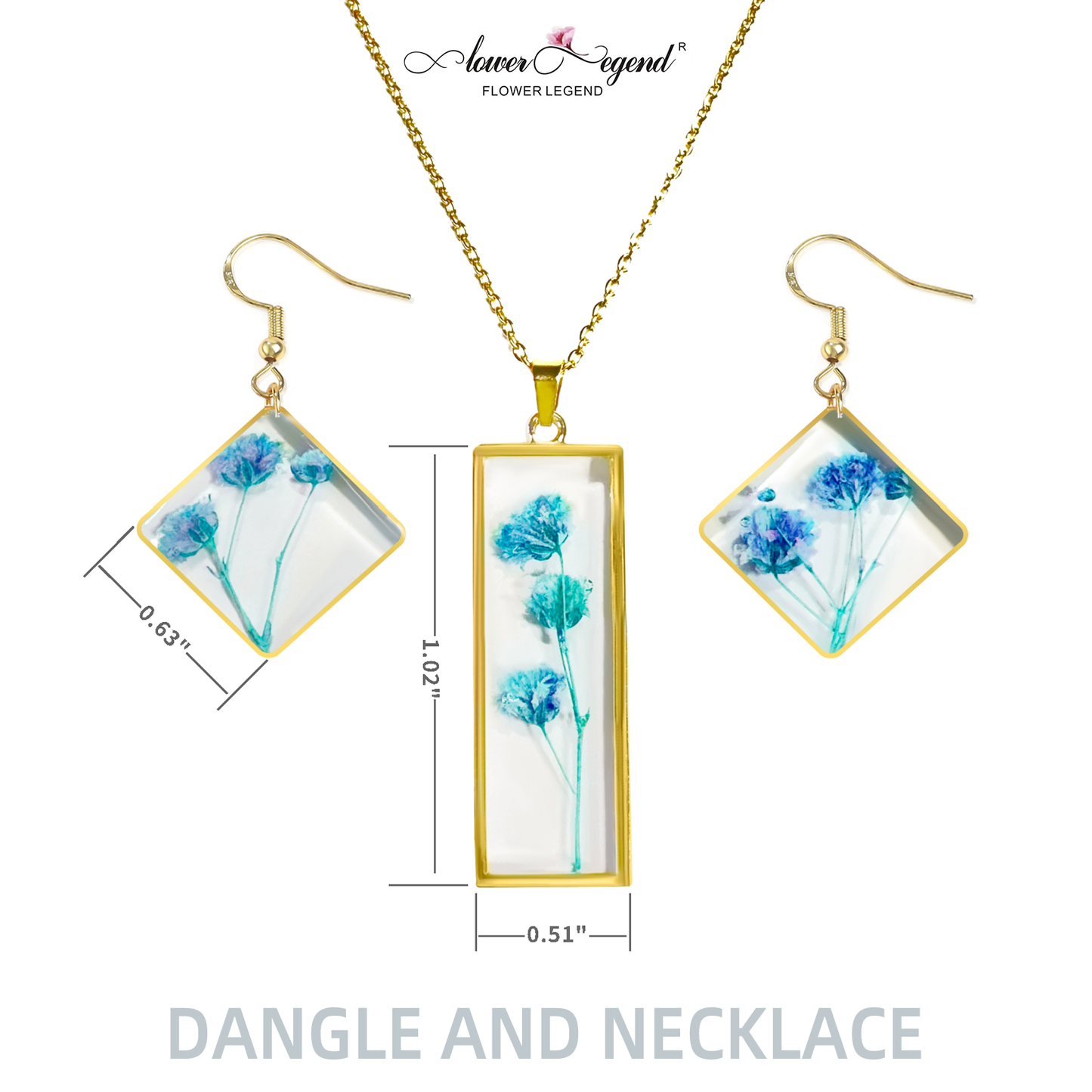 2 in1 Handmade Sterling Silver Pressed Flower Jewelry Gift Sets Forget-Me-Not Square | Blue