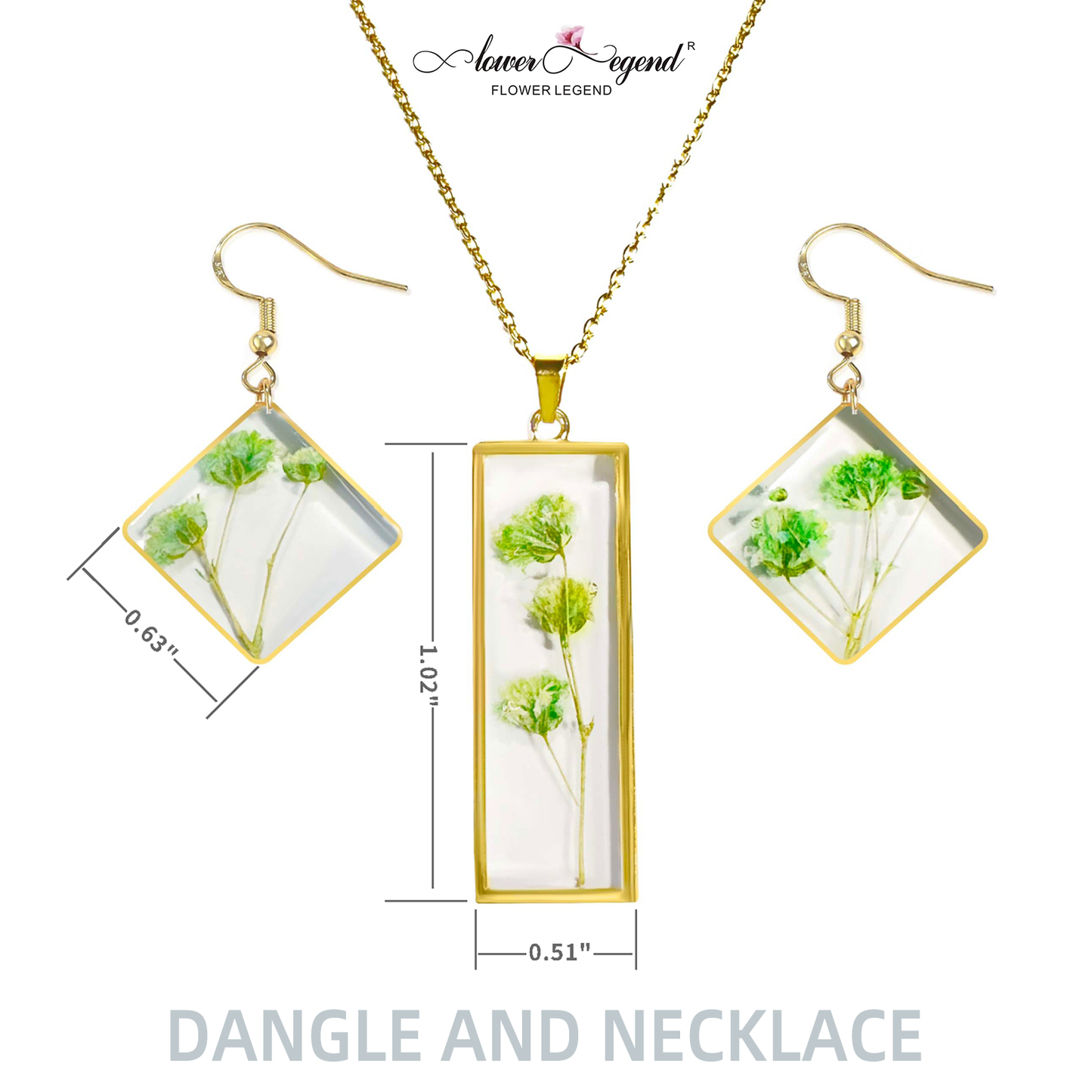 2 in1 Handmade Sterling Silver Pressed Flower Jewelry Gift Sets Forget-Me-Not Square | Green