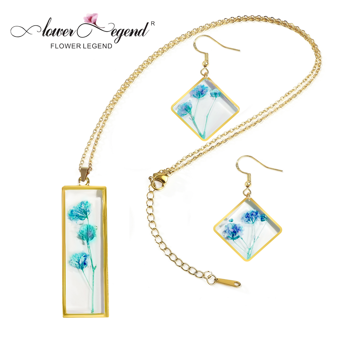 2 in1 Handmade Sterling Silver Pressed Flower Jewelry Gift Sets Forget-Me-Not Square | Blue