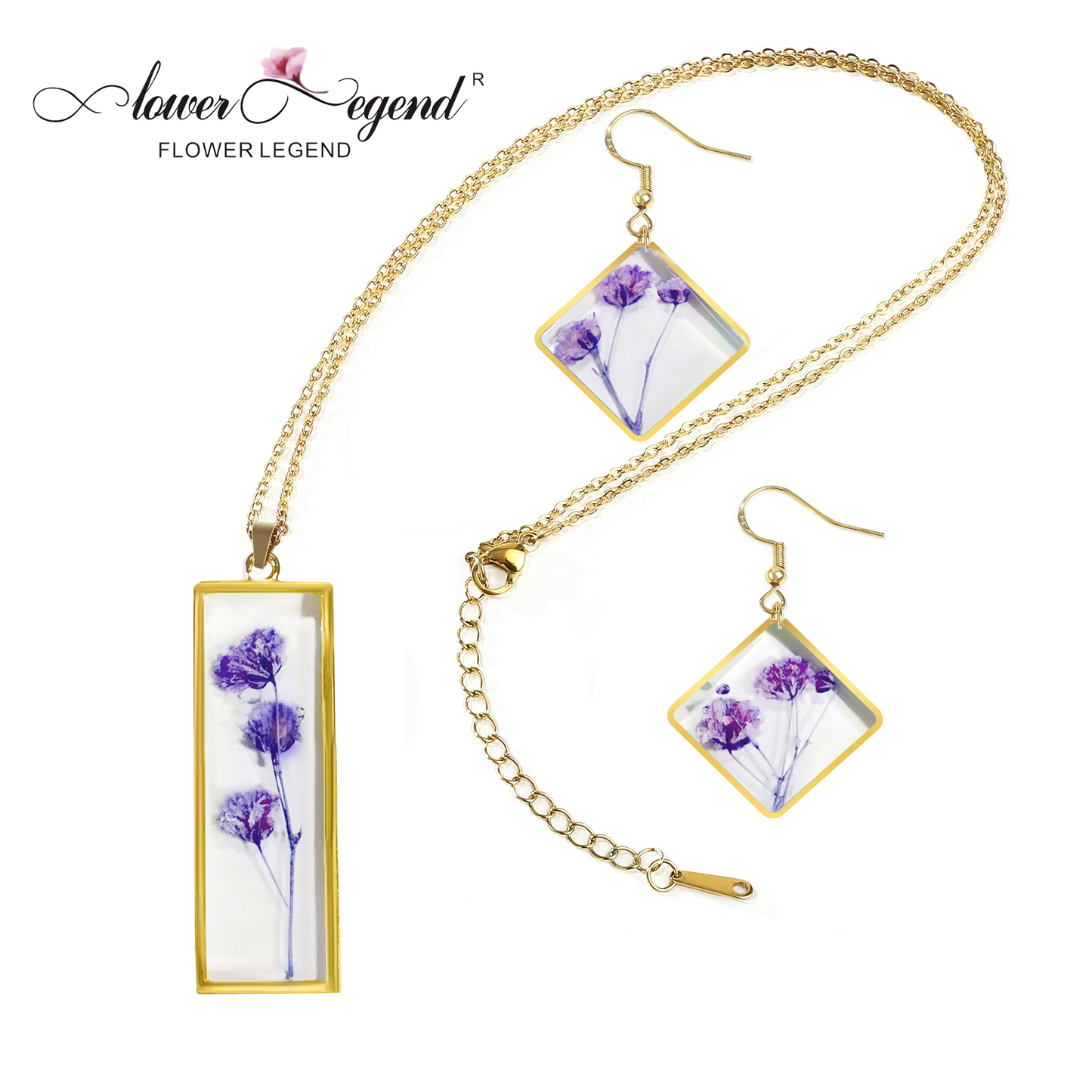 2 in1 Handmade Sterling Silver Pressed Flower Jewelry Gift Sets Forget-Me-Not Square | Purple