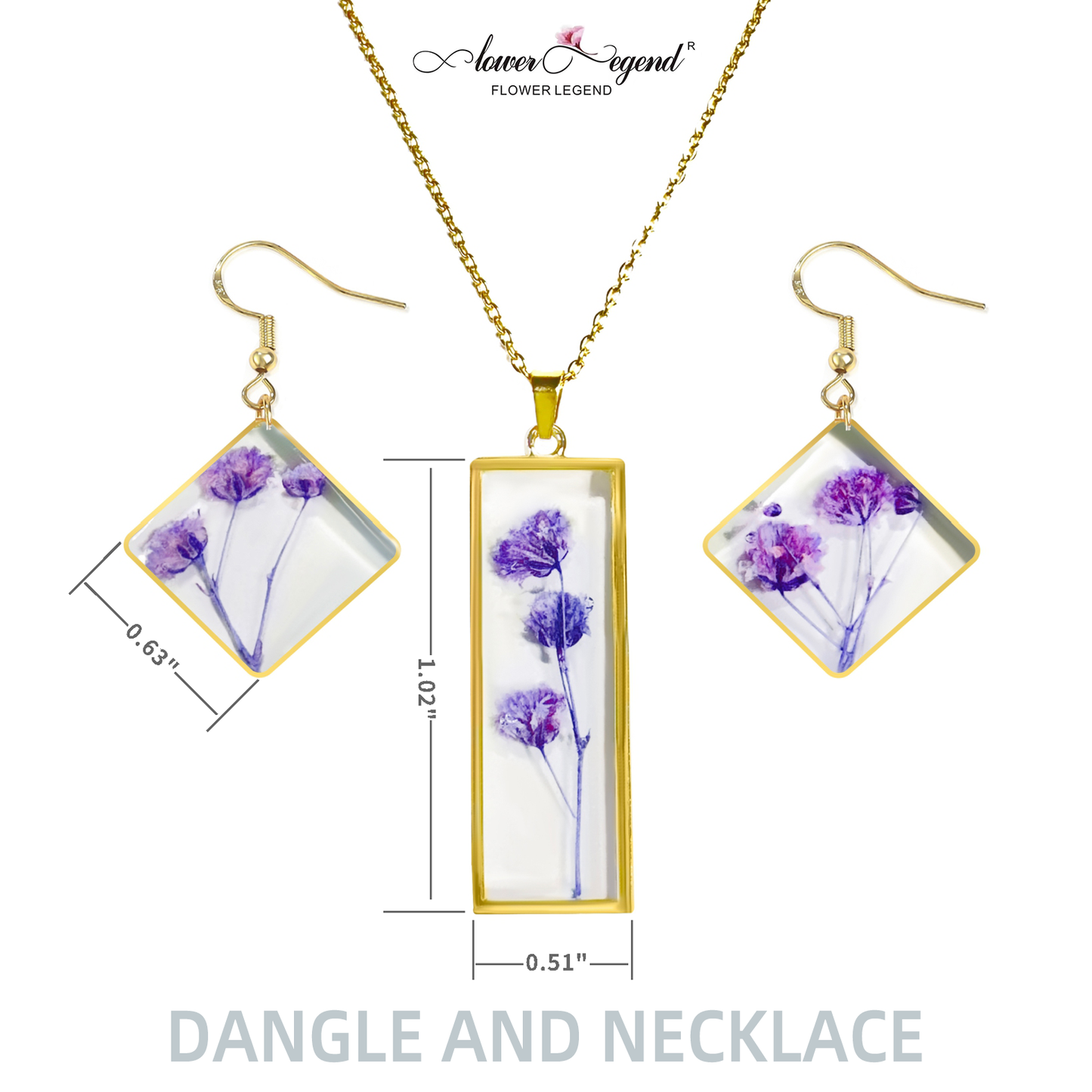 2 in1 Handmade Sterling Silver Pressed Flower Jewelry Gift Sets Forget-Me-Not Square | Purple