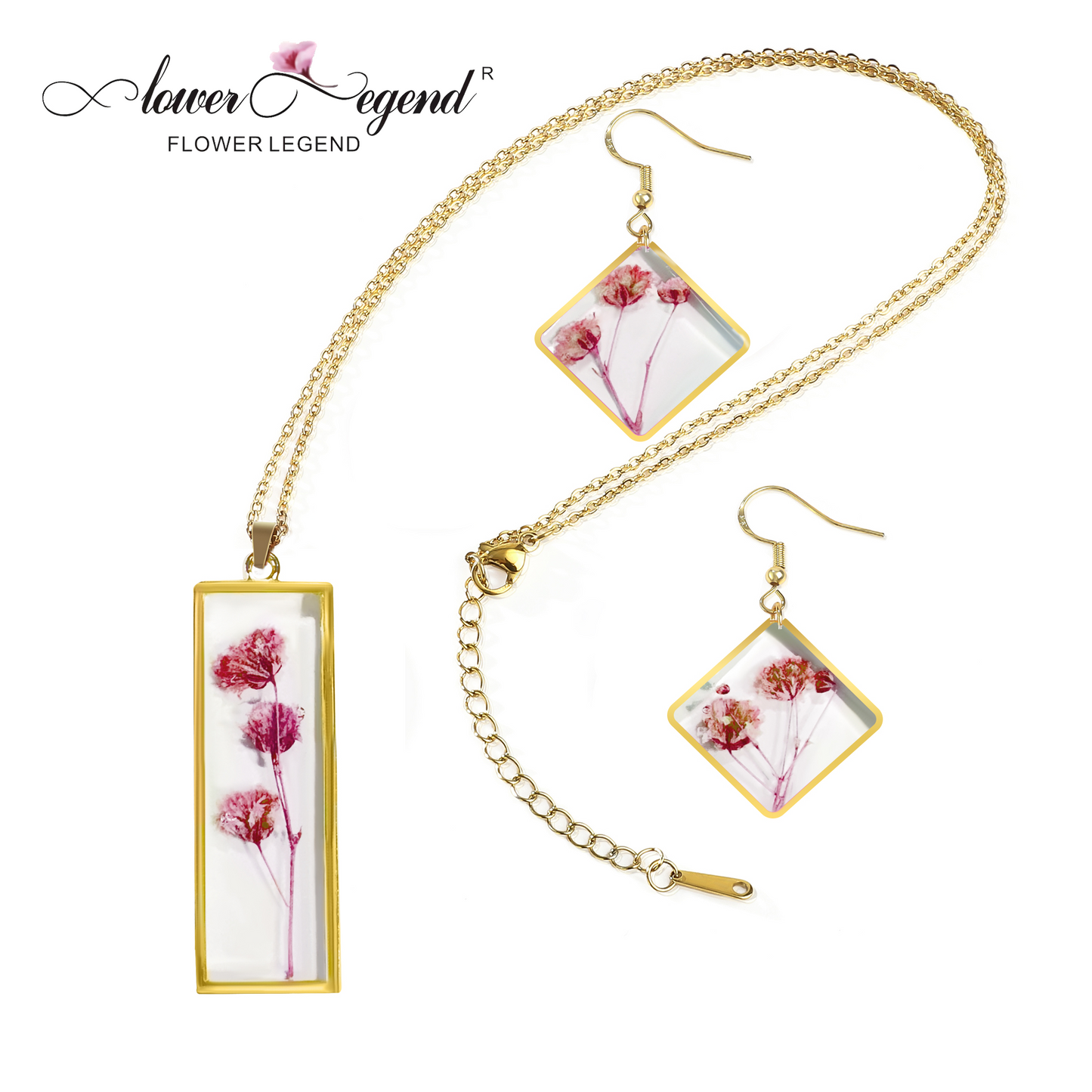 2 in1 Handmade Sterling Silver Pressed Flower Jewelry Gift Sets Forget-Me-Not Square | Red