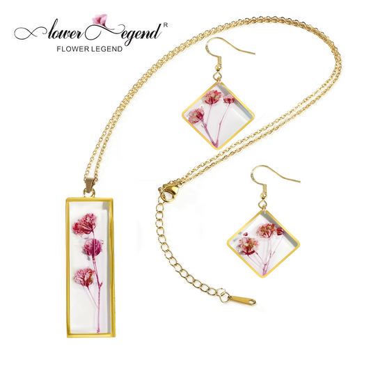 2 in1 Handmade Sterling Silver Pressed Flower Jewelry Gift Sets Forget-Me-Not Square | Red